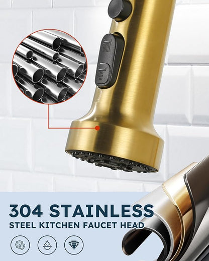 Stainless Steel Kitchen Faucet Head: ARCORA 3-Function Kitchen Faucet Head Replacement with 13 Adapters - Brushed Gold Pull Down Spray Head Compatible with Moen, Delta, American Standard Faucets