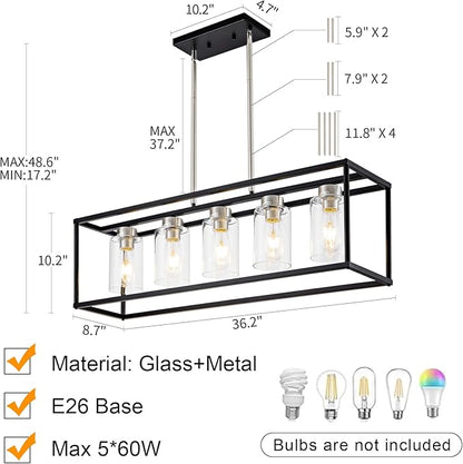 5 Light Dining Room Light Fixture Modern Farmhouse Chandeliers Over Table Black & Brushed Nickel Rectangular Pendent Lighting for Kitchen with Glass Shade Hanging Industrial Ceiling Light