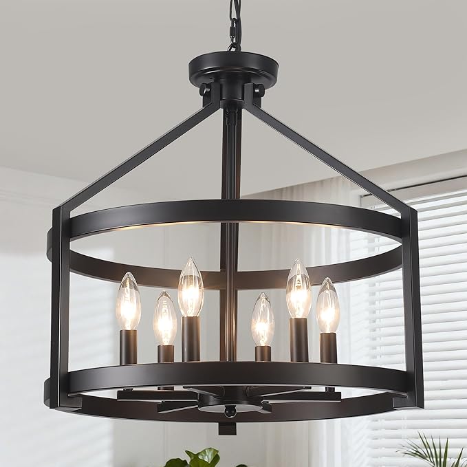 6-Light Large Farmhouse Black Chandelier, 20" Modern Hanging Pendant Lighting, Convertible Semi Flush Mount Ceiling Light Fixture Rustic Vintage Chandeliers for Dining Room Foyer Kitchen Entryway
