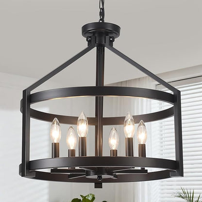 6-Light Large Farmhouse Black Chandelier, 20" Modern Hanging Pendant Lighting, Convertible Semi Flush Mount Ceiling Light Fixture Rustic Vintage Chandeliers for Dining Room Foyer Kitchen Entryway
