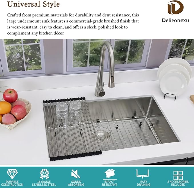 32x19 Undermount Kitchen Sink, Delironexu 32 Inch Undermount Sink, 16 Gauge 304 Stainless Steel Single Bowl Kitchen Sink with Accessories