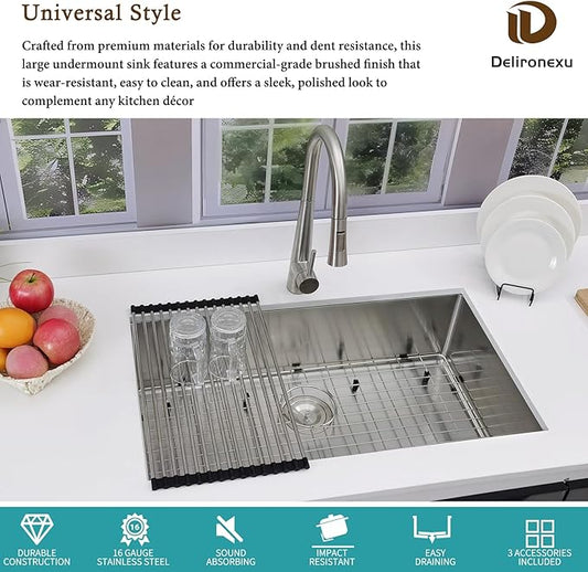 32x19 Undermount Kitchen Sink, Delironexu 32 Inch Undermount Sink, 16 Gauge 304 Stainless Steel Single Bowl Kitchen Sink with Accessories
