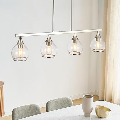 Island Light for Kitchen, 4-Light Brushed Nickel Island Pendant Lighting with Clear Round Glass Shades for Kitchen, Dining Table, Living Room