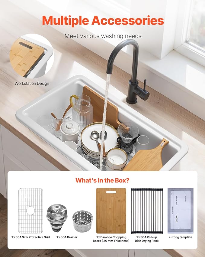 VEVOR 33x19 inch Farmhouse Sink, White Sink Workstation, Fireclay Topmount Undermount Basin, Drop-In Single Bowl Basin with Multiple Accessories, Large Capacity Household Dishwasher Sinks for Kitchen