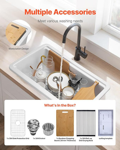 VEVOR 33x19 inch Farmhouse Sink, White Sink Workstation, Fireclay Topmount Undermount Basin, Drop-In Single Bowl Basin with Multiple Accessories, Large Capacity Household Dishwasher Sinks for Kitchen
