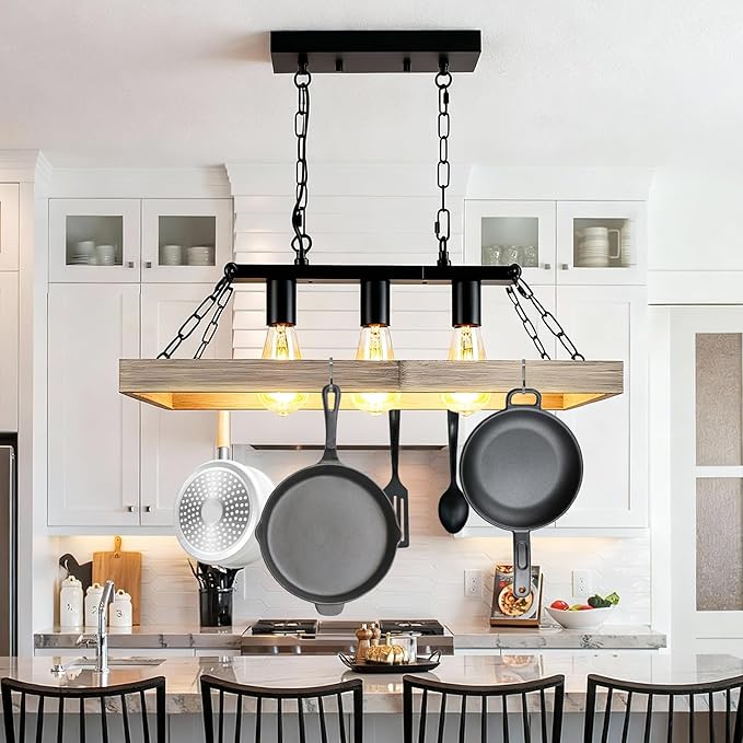 Rustic Farmhouse Chandelier for Dining Room 3-Lights Black+Wood