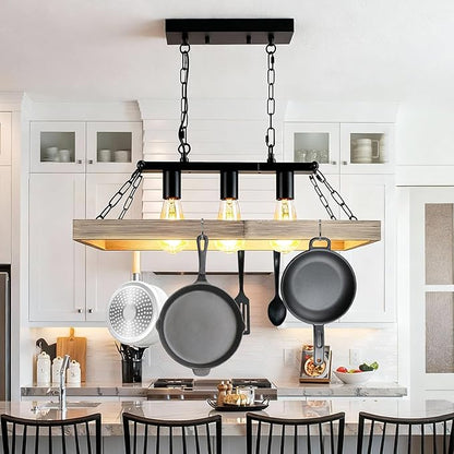 Rustic Farmhouse Chandelier for Dining Room 3-Lights Black+Wood