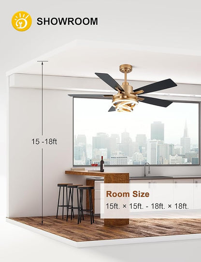 Dawn Whisper 52" Ceiling Fan with Light Gold Chandelier Fan DC Motor Dimmable LED Modern Ceiling Fan with Light for Bedroom Living Room