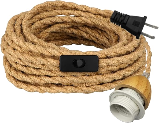 Rustic Plug in Pendant Lighting, 16.7FT Pendant Light Cord Kit, Farmhouse Hanging Lights with Plug in Cord, Vintage Hemp Rope Pendant Light Fixtures, E26 E27 Light Socket, for Kitchen Island