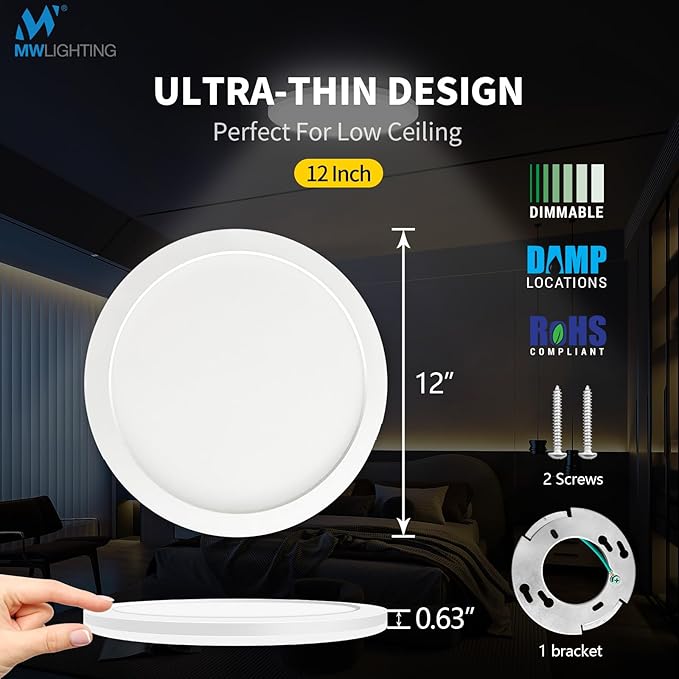 mw 4 Pack 12 Inch LED Flush Mount Ceiling Light Fixture with Night Light,24W, 120V, 2700K/3000K/3500K/4000K/5000K Selectable, Wired (No Remote),LED Ceiling Light with Night Light,ETL Certified