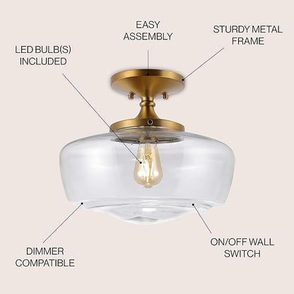 JONATHAN Y 14" Brass Gold Modern Farmhouse LED Flush Mount Light Fixture, Clear Glass Shade, Rustic Industrial Schoolhouse Lamp for Kitchen Hallway Bedroom (JYL7517B)