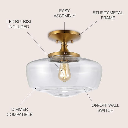 JONATHAN Y 14" Brass Gold Modern Farmhouse LED Flush Mount Light Fixture, Clear Glass Shade, Rustic Industrial Schoolhouse Lamp for Kitchen Hallway Bedroom (JYL7517B)