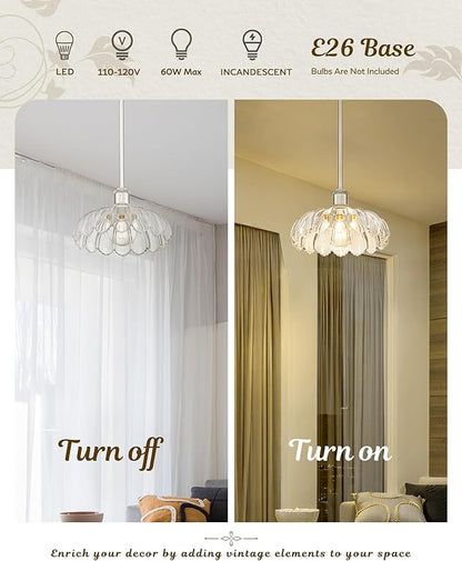 FEMILA 10.4" Brushed Nickel Pendant Lighting, Flower Glass Pendant Light Vintage Light Fixtures for Bedroom Hotel Dining Room, 4FJX82MIL BN