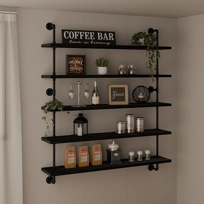 HDDFER Floating Shelves for Wall Bookshelf Industrial Pipe Shelving Shelves 48 Inch 5 Tier Natural Wood Planks Rustic Wall Shelves Hanging Bookshelves Farmhouse Kitchen Shelving Black