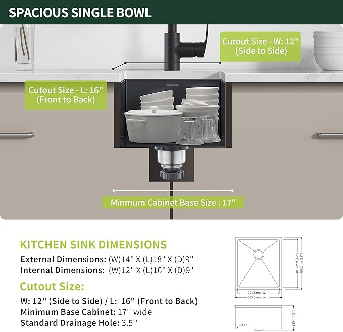 Black Wet Bar Sink Undermount 14 x 18 inch, PVD Nano Stainless Steel Kitchen Sink Single Bowl, RV Outdoor Prep Basin with Drain Strainer, Bottom Rise Grid, Roll-up Drying Unit, Dark Grey