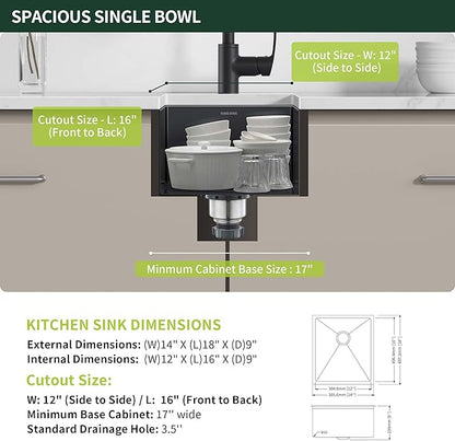 Black Wet Bar Sink Undermount 14 x 18 inch, PVD Nano Stainless Steel Kitchen Sink Single Bowl, RV Outdoor Prep Basin with Drain Strainer, Bottom Rise Grid, Roll-up Drying Unit, Dark Grey