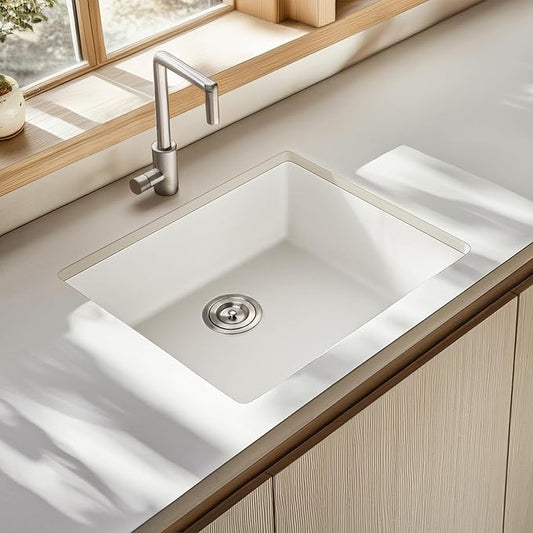 Enbol 24 Inch Undermount Kitchen Sink White Quartz Undermount Kitchen Sink Single Bowl Granite Composite Sink with Strainer 2418-W (24”X18”)