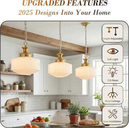 Vintage Schoolhouse Pendant Light 14" Milk Glass Pendant Light Farmhouse Brass Gold Chandelier Glass Pendant Light Fixture for Kitchen Island Lighting, Dining Room, Foyer