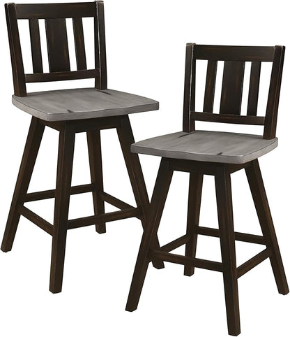 Lexicon Counter Height Stools Set of 2-Solid Wood Frame 360° Swivel Wooden Stools, Foot Rest, Slat Back, Wide Seat, Distressed Farmhouse Easy to Clean Finish, 24" SH, Antique Black/Grey