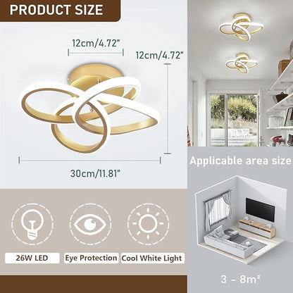 Led Ceiling Light, Gold 30cm Modern Ceiling Lights LED, Simple Curved Ceiling lamp, Ceiling Lighting Fixture for Hallway Bedroom LivingRoom Entryway Balcony Stair - 26W Cool White Light 6000K