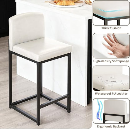 GarveeHome Bar Stools Set of 2, Modern Counter Height Bar Stools with Back and Footrest, Faux Leather Upholstered Barstools Chairs for Kitchen Island Dining Room Bar, White