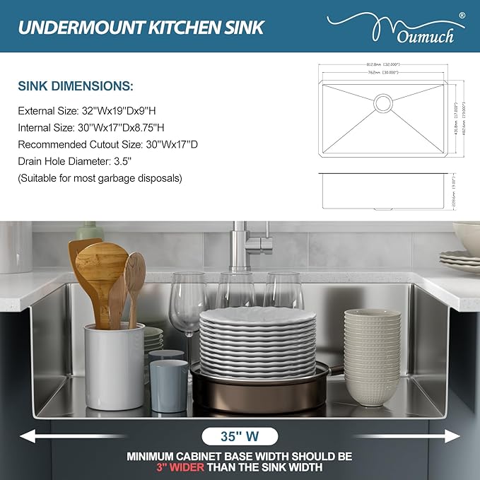32 Inch Undermount Kitchen Sink - 18 Gauge 32x19 Stainless Steel Single Bowl, 9-Inch Deep Undercounter Sink for Kitchen & Home Use