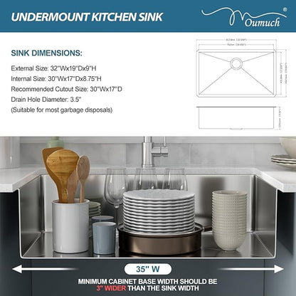 32 Inch Undermount Kitchen Sink - 18 Gauge 32x19 Stainless Steel Single Bowl, 9-Inch Deep Undercounter Sink for Kitchen & Home Use