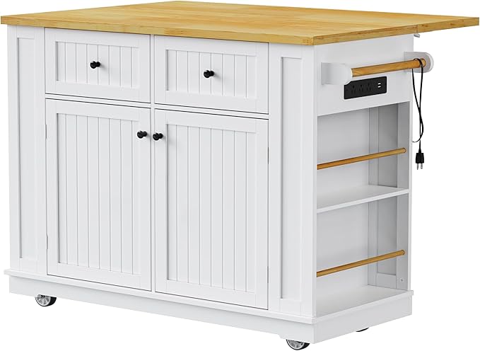 Ball & Cast 48" Large Kitchen Island with Power Outlet and Adjustable Shelf,Rolling Kitchen Cart on 5 Wheels W/Drop Leaf & 5 Open Side Racks,Kitchen Storage Cart for Dining Room,White,48"
