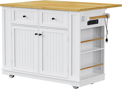 Ball & Cast Kitchen Island with 2 Bar Stools and Power Outlet,Rolling Kitchen Cart on 5 Wheels W/Drop Leaf&5 Open Side Racks,Kitchen Storage Cart W/Adjustable Shelf,for Kitchen,Dining Room,White,48"