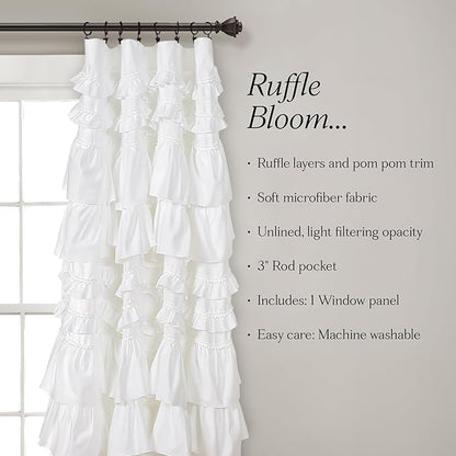 Lush Decor Kemmy Light Filtering Window Curtain Panel Single 52" W x 95" L White - Drapes - Ruffled Curtains for Bedroom - White Curtains - Coquette Decor