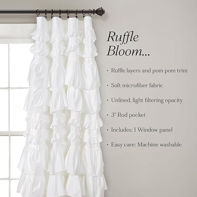 Lush Decor Kemmy Light Filtering Window Curtain Panel Single 52" W x 84" L White - Drapes - Ruffled Curtains for Bedroom - White Curtains - Coquette Decor