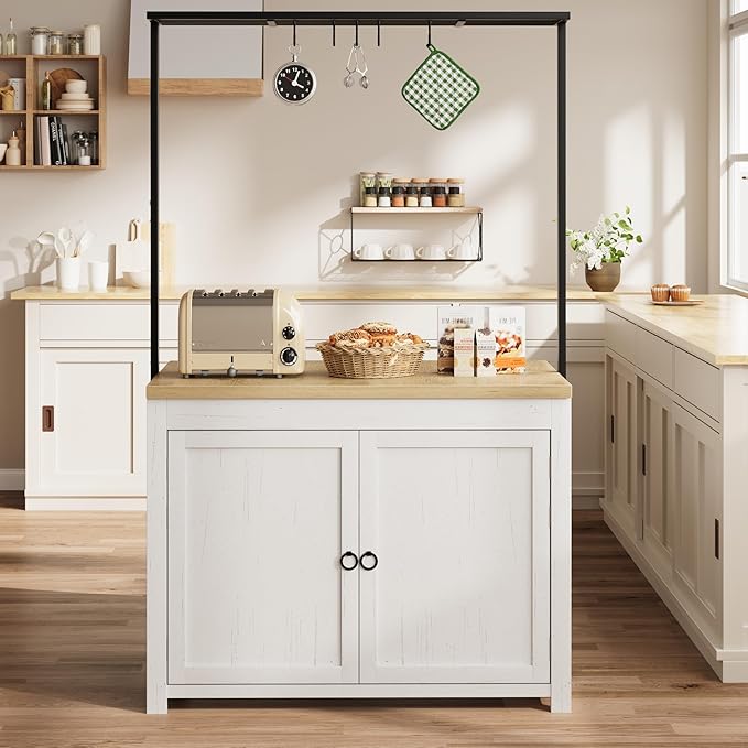 TROPOW Kitchen Island with Storage, 42" Wood Countertop Kitchen Cabinet with 3-Tier Shelves & 5 Hooks, Farmhouse Bar Cabinet, Buffet Table, Coffee Station for Small Spaces, White & Natural