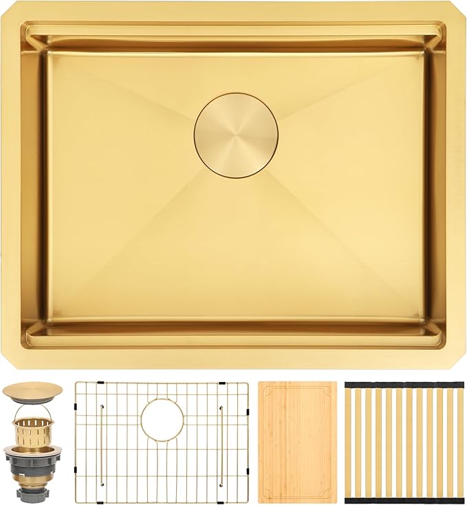 Gold Kitchen Sink Undermount 23 Inch,16 Guage Stainless Steel Workstation Sinks with Ledge & Accessories, 23" x 18" x 6" ADA-Compliant Single Bowl Small Kitchen Sink, 6 Inch Deep Gold Sink