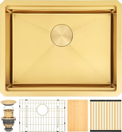 Gold Kitchen Sink Undermount 23 Inch,16 Guage Stainless Steel Workstation Sinks with Ledge & Accessories, 23" x 18" x 6" ADA-Compliant Single Bowl Small Kitchen Sink, 6 Inch Deep Gold Sink