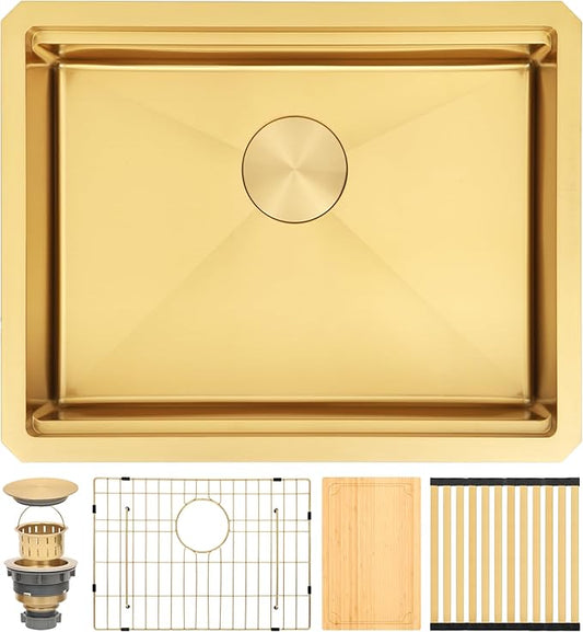 Gold Kitchen Sink Undermount 23 Inch,16 Guage Stainless Steel Workstation Sinks with Ledge & Accessories, 23" x 18" x 6" ADA-Compliant Single Bowl Small Kitchen Sink, 6 Inch Deep Gold Sink