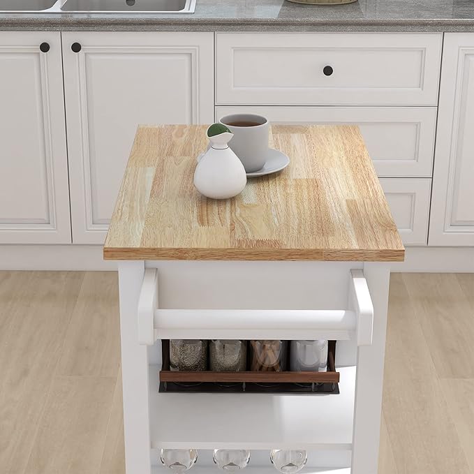 Modern Dining Table Kitchen Island Rolling Trolley Cart with Shelves, Drawer, Doors, Towel Rack & Seasoning Rack - Rubber Wood Table Top for Dining Room,White-MDF