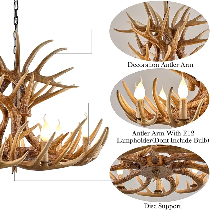 Rustic Antler Chandelier 9-Light, Farmhouse Deer Antler Chandelier Lighting, Retro Antler Light Fixtures for Living Room Dinning Room Kitchen Foyer Bar Store (9 lamp arms + 6arms)