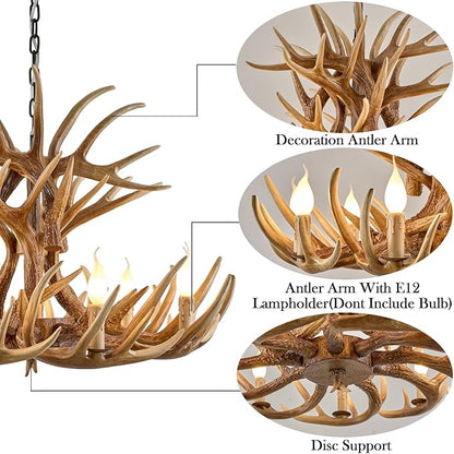 Rustic Antler Chandelier 9-Light, Farmhouse Deer Antler Chandelier Lighting, Retro Antler Light Fixtures for Living Room Dinning Room Kitchen Foyer Bar Store (9 lamp arms + 6arms)