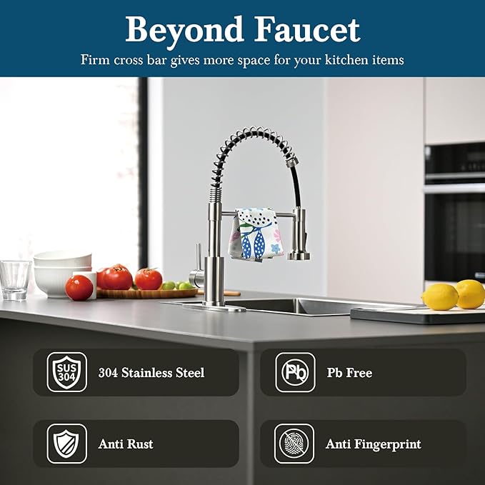 Ibergrif Kitchen Faucets with Pull Down Sprayer, Single Handle Pull Out Spring Sink Faucets High Arc Brushed Nickel Stainless Steel 1 or 3 Hole for RV Laundry Farmhouse Bar