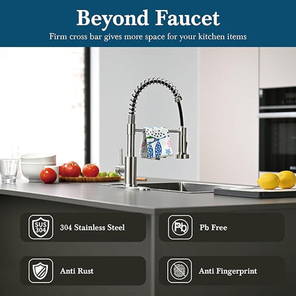 Ibergrif Kitchen Faucets with Pull Down Sprayer, Single Handle Pull Out Spring Sink Faucets High Arc Brushed Nickel Stainless Steel 1 or 3 Hole for RV Laundry Farmhouse Bar