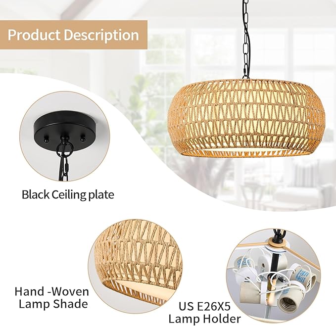 19 Inch Boho Chandeliers for Dining Room 5-Lights Farmhouse Light Fixtures Large Pendant Light Hand Woven Dining Table Light Fixture Rattan Hanging Lamp for Kitchen Island