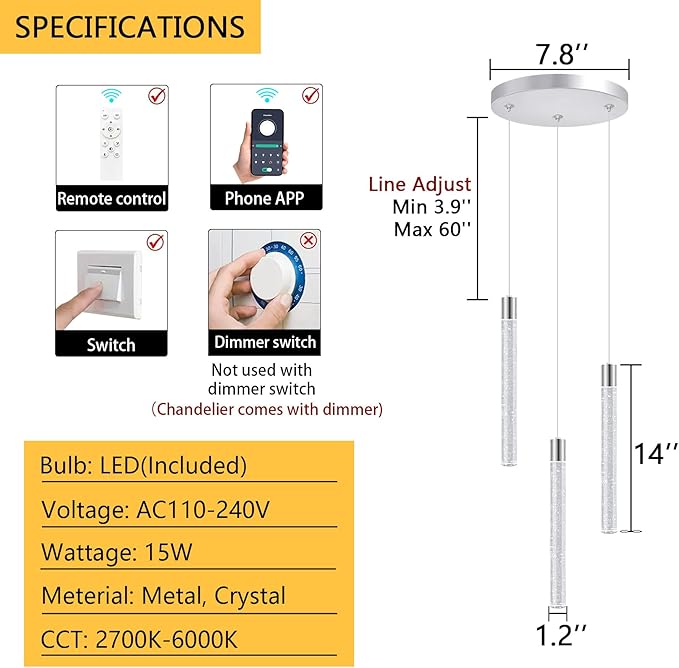 3-Lights Modern Crystal Chandelier Pendant Lights for Kitchen Island LED Dimmable Light fixtures Adjustable Hanging Ceiling for Dining Room Hallway 3000K 6000K