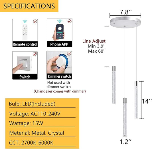 3-Lights Modern Crystal Chandelier Pendant Lights for Kitchen Island LED Dimmable Light fixtures Adjustable Hanging Ceiling for Dining Room Hallway 3000K 6000K