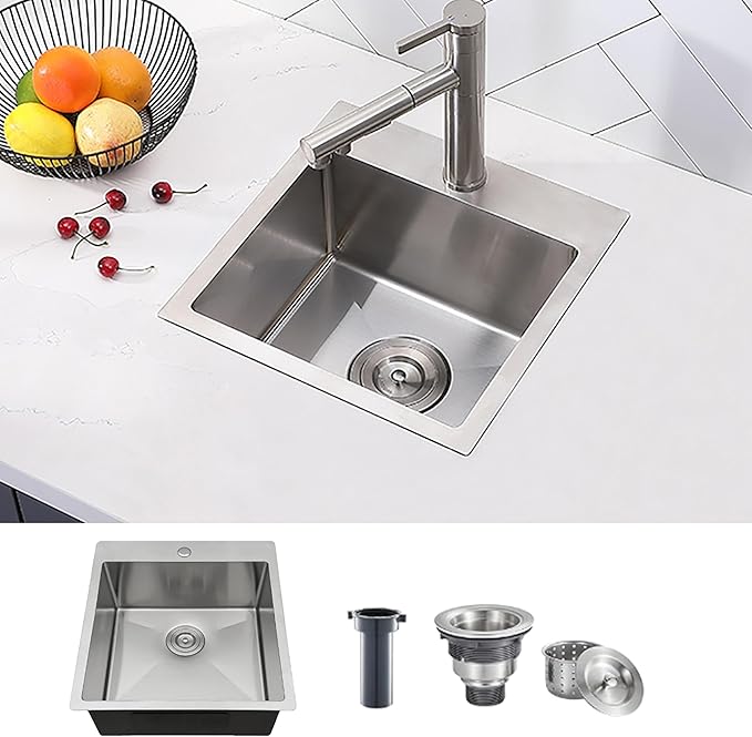 Comllen 15 x 15 inch Drop in Bar Sink, 18 Gauge Stainless Steel, 9 inch Deep, Brushed Nickel, Single Basin Small 15 Kitchen Sink for Outdoor Wet Bar Prep RV Yard Office Laundry Utility with Drainer