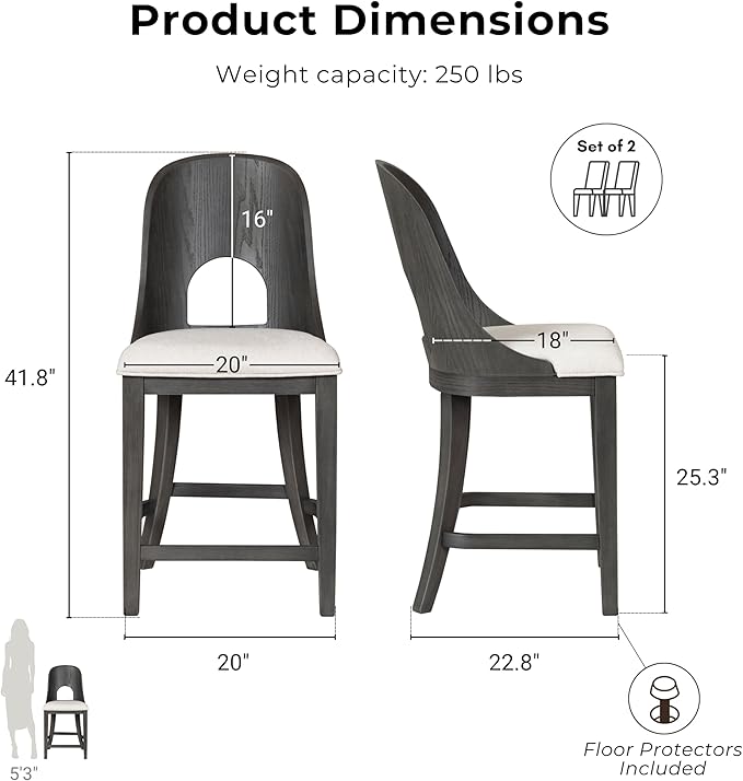 Furniture of America Selyra Modern Solid Wood Counter Height Chairs Set of 2 with Curved Wood Back, Comfortable Upholstered Seating for Dining Room, Home Kitchen, Ash Grey
