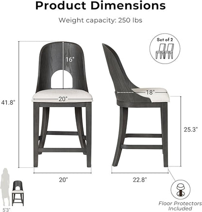 Furniture of America Selyra Modern Solid Wood Counter Height Chairs Set of 2 with Curved Wood Back, Comfortable Upholstered Seating for Dining Room, Home Kitchen, Ash Grey