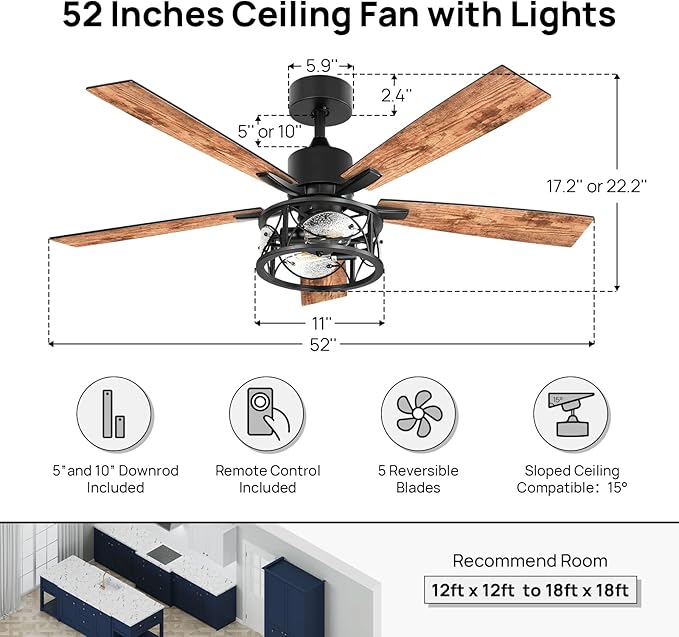 Consciot Ceiling Fan With Lights, 52 Inch Farmhouse Indoor Ceiling Fan With Remote, Quiet Reversible DC Motor, 5 Double Finish Wood Blades, Easy Dual Mount, Support Dimmable 2*E26 Bulbs(not included)