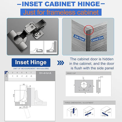 8 Pack Soft Close Cabinet Hinges for Kitchen Frameless Cabinets Inset Self-Closing Concealed Hinge 110° 4D Adjustment Speed Control Ideal for Upgrading Cabinet Doors and Drawers