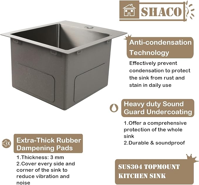 SHACO 13x15 Inch Drop In RV Bar Sink, Topmount 16 Gauge Stainless Steel Single Bowl Small Kitchen Outdoor Sink with Strainer Drain