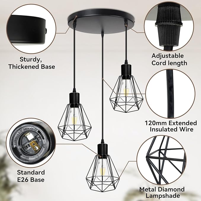 LTBLIGHT 3-Light Pendant Light Fixture, Farmhouse Hanging Lights with 1.2m Adjustable Cord, Ceiling Lighting for Kitchen Island Dining Room Hallway, E26 Base (Bulbs Not Included)